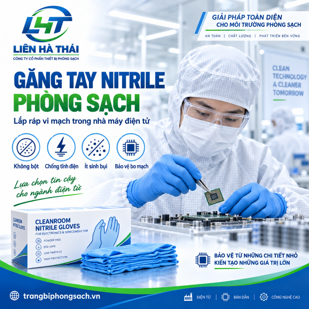 Công nhân sử dụng găng tay phòng sạch Nitrile lắp ráp vi mạch
