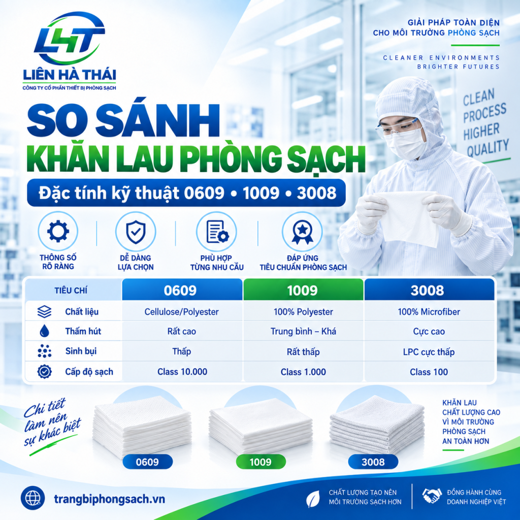 So sánh đặc tính kỹ thuật các dòng khăn lau phòng sạch 0609 1009 3008