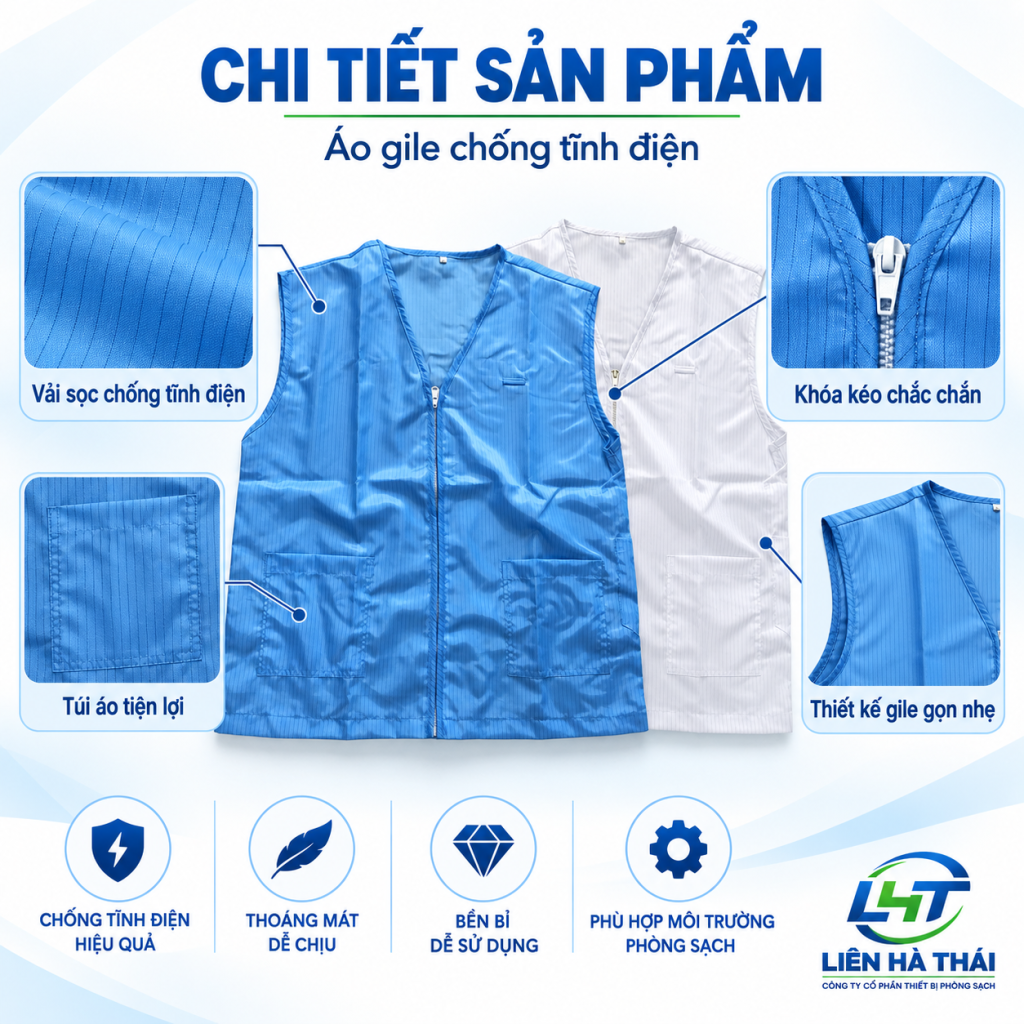 Chi tiết áo gile chống tĩnh điện với vải sọc chống tĩnh điện và khóa kéo tiện lợi