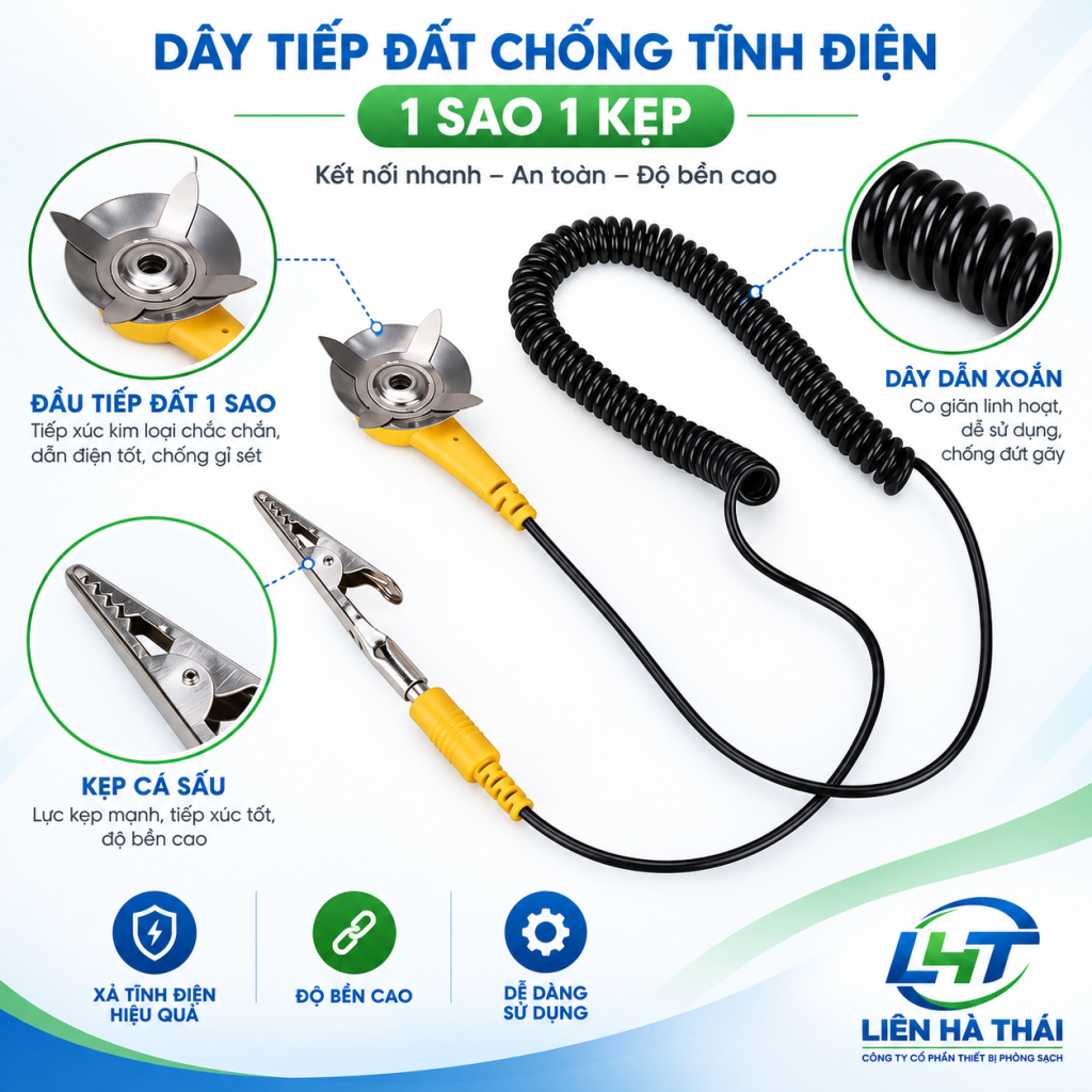Chi tiết dây tiếp đất chống tĩnh điện 1 sao 1 kẹp gồm dây xoắn, đầu tiếp đất và kẹp cá sấu