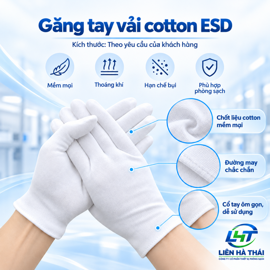 Chi tiết găng tay vải cotton ESD mềm mại, thoáng khí, hạn chế bụi