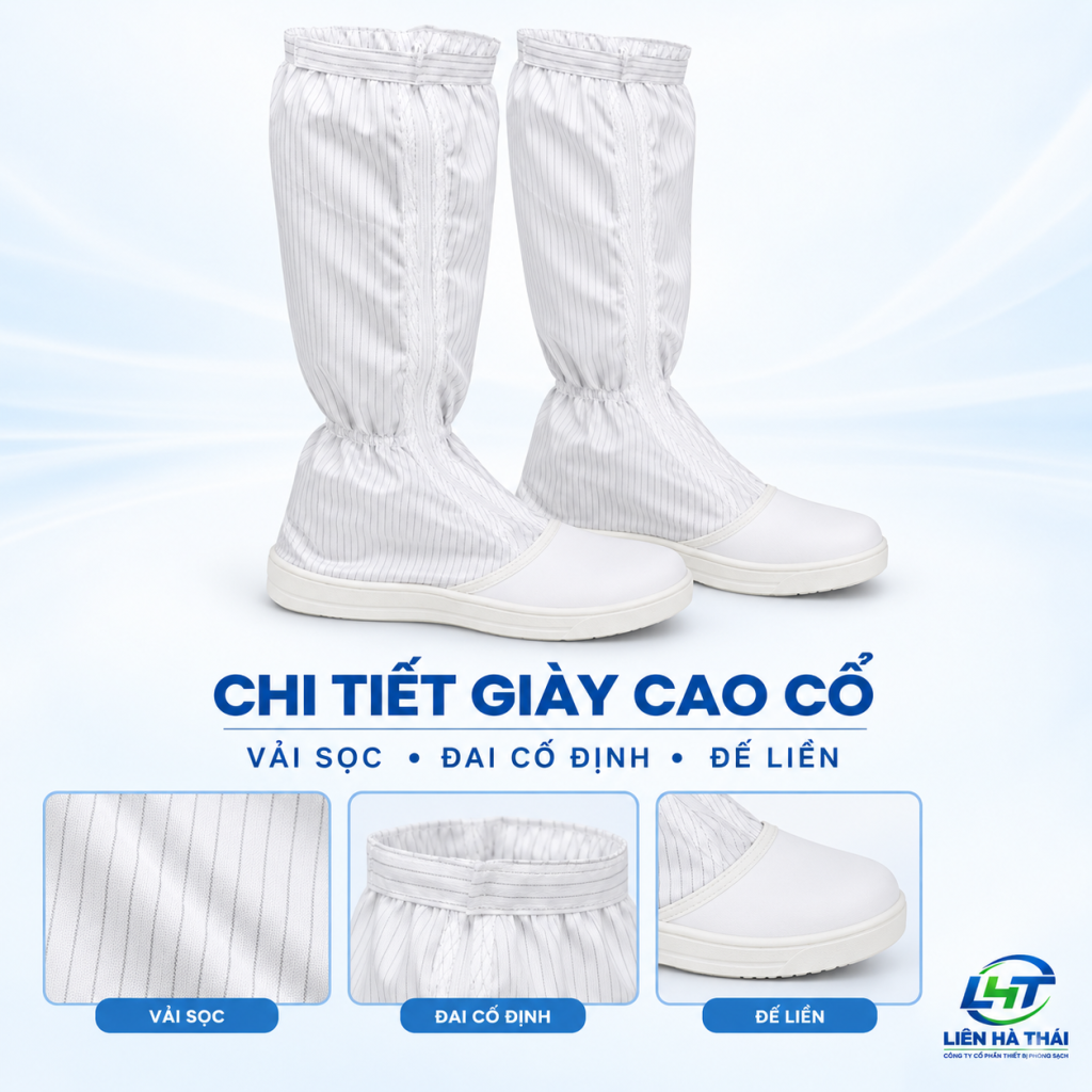 Chi tiết giày phòng sạch cao cổ vải sọc đế liền