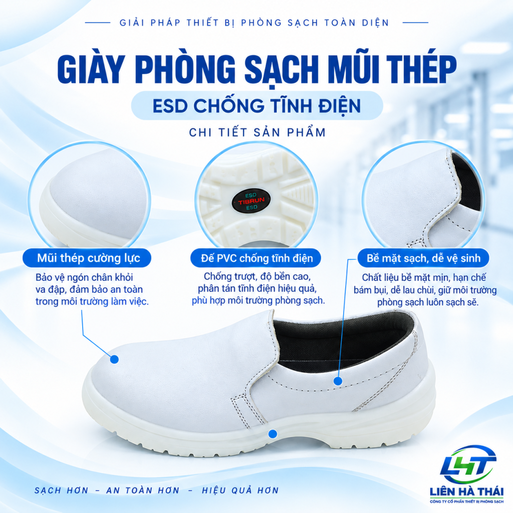 Chi tiết giày phòng sạch mũi thép ESD với mũi thép cường lực và đế chống tĩnh điện