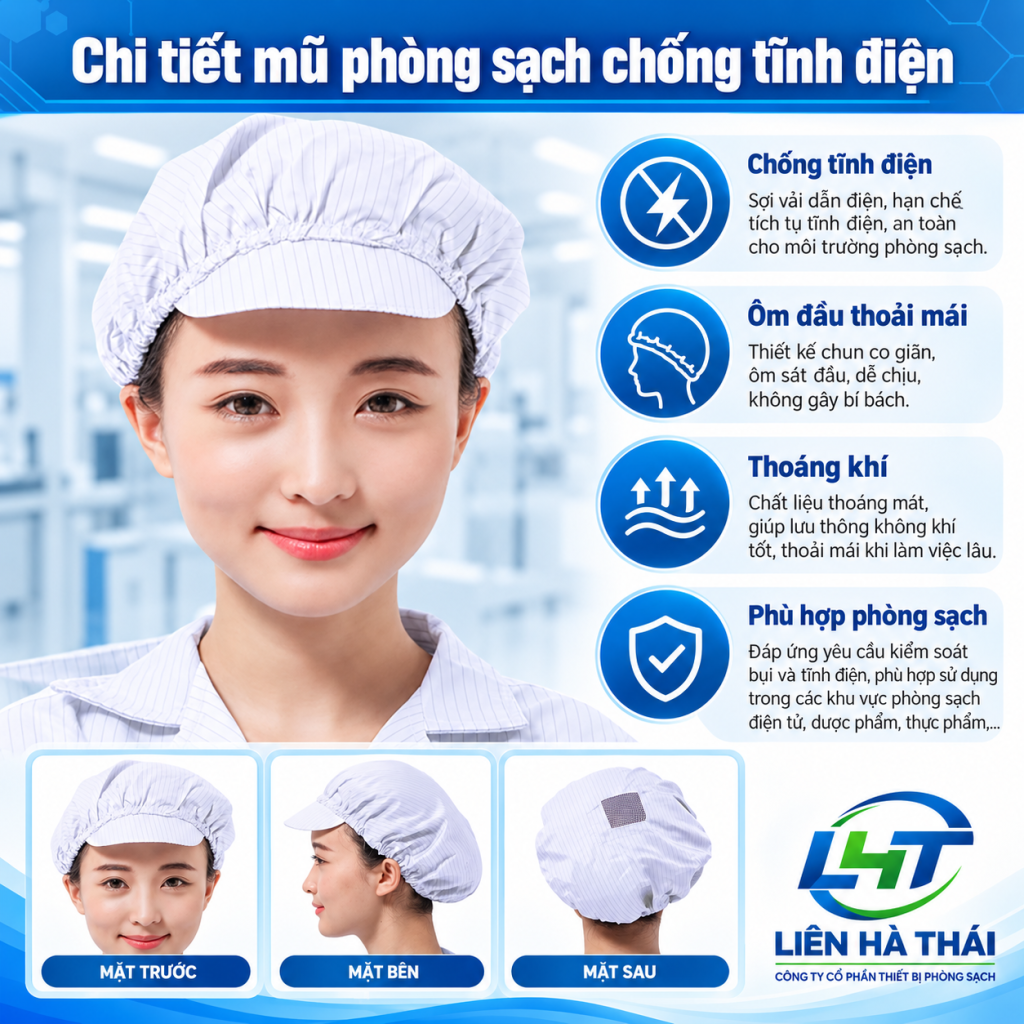 Chi tiết mũ phòng sạch chống tĩnh điện