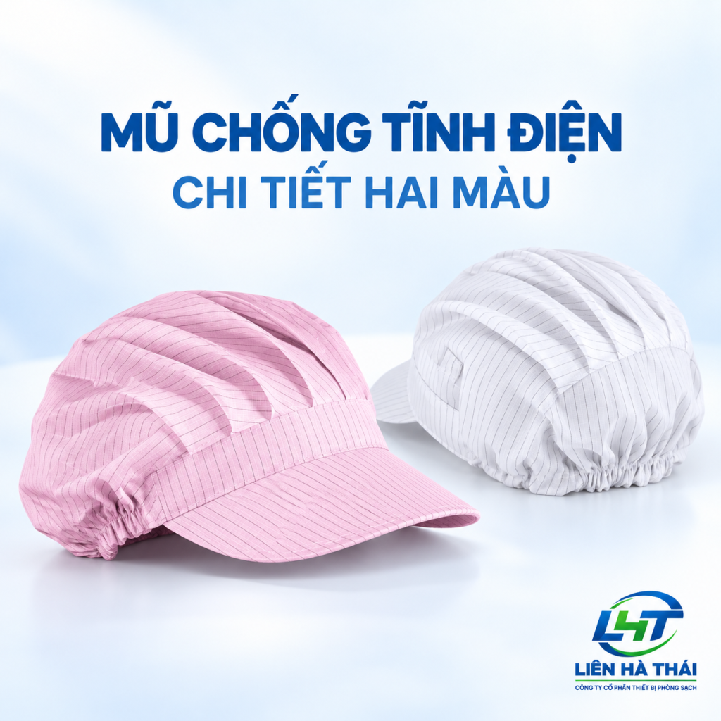 Chi tiết mũ phòng sạch chống tĩnh điện màu hồng và trắng