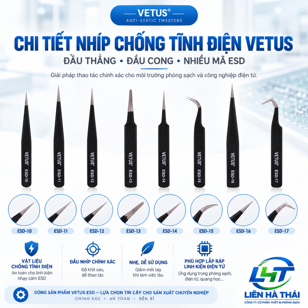 Chi tiết nhíp chống tĩnh điện Vetus từ ESD-10 đến ESD-17 với nhiều kiểu đầu nhíp khác nhau