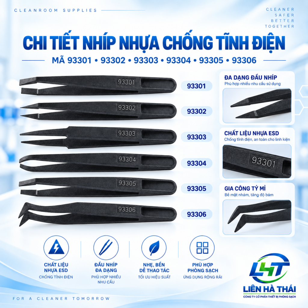 Chi tiết nhíp nhựa chống tĩnh điện mã 93301 93302 93303 93304 93305 93306 với nhiều kiểu đầu nhíp khác nhau