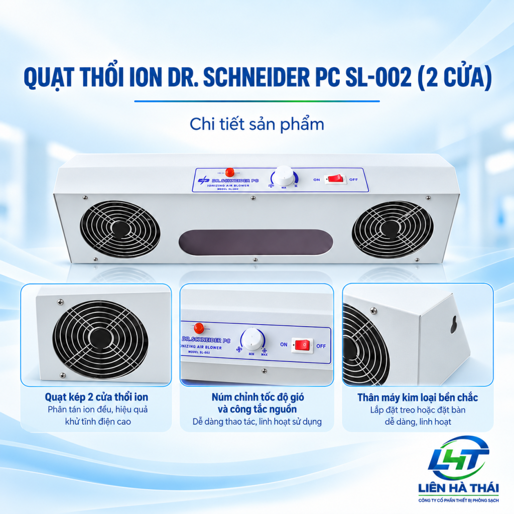Chi tiết quạt thổi ion Dr. Schneider PC SL-002 2 cửa với bảng điều khiển, quạt kép và thân máy kim loại