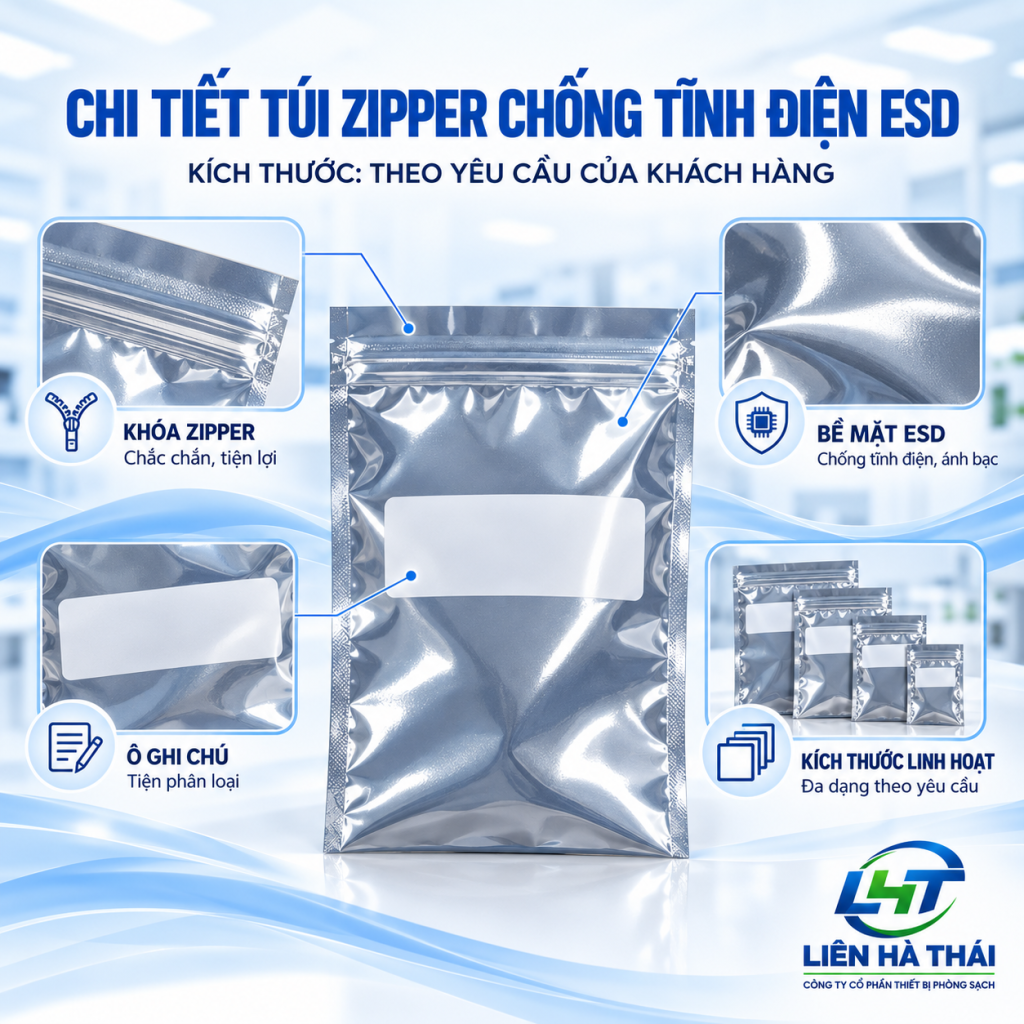 Chi tiết túi Zipper chống tĩnh điện ESD với miệng khóa zip chắc chắn, kích thước theo yêu cầu