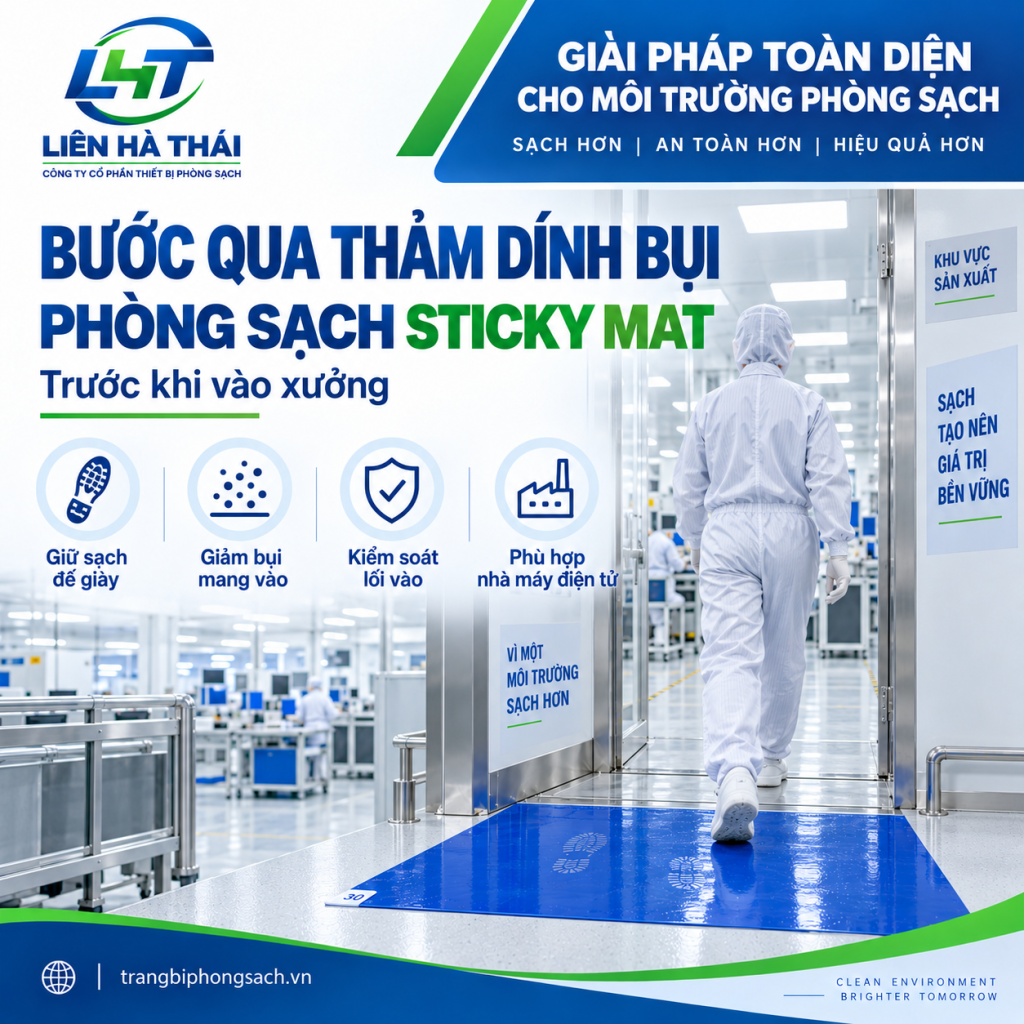 Công nhân bước qua thảm dính bụi phòng sạch Sticky Mat trước khi vào xưởng