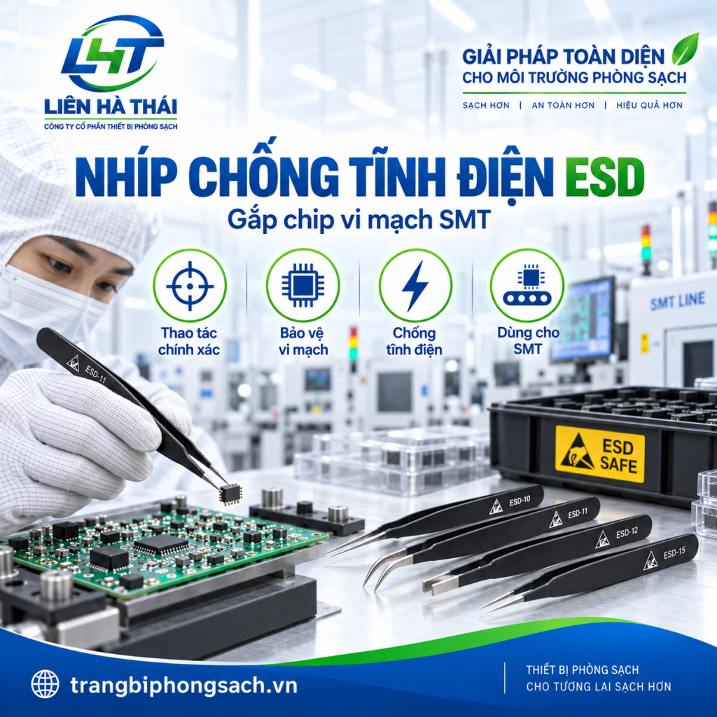 Công nhân dùng nhíp chống tĩnh điện ESD gắp chip vi mạch SMT