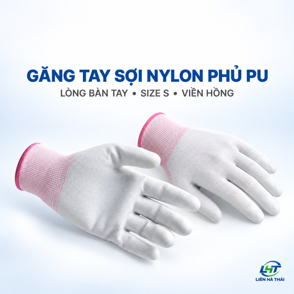 Găng Tay Sợi Nylon Phủ PU Lòng Bàn Tay | Size S Viền Hồng