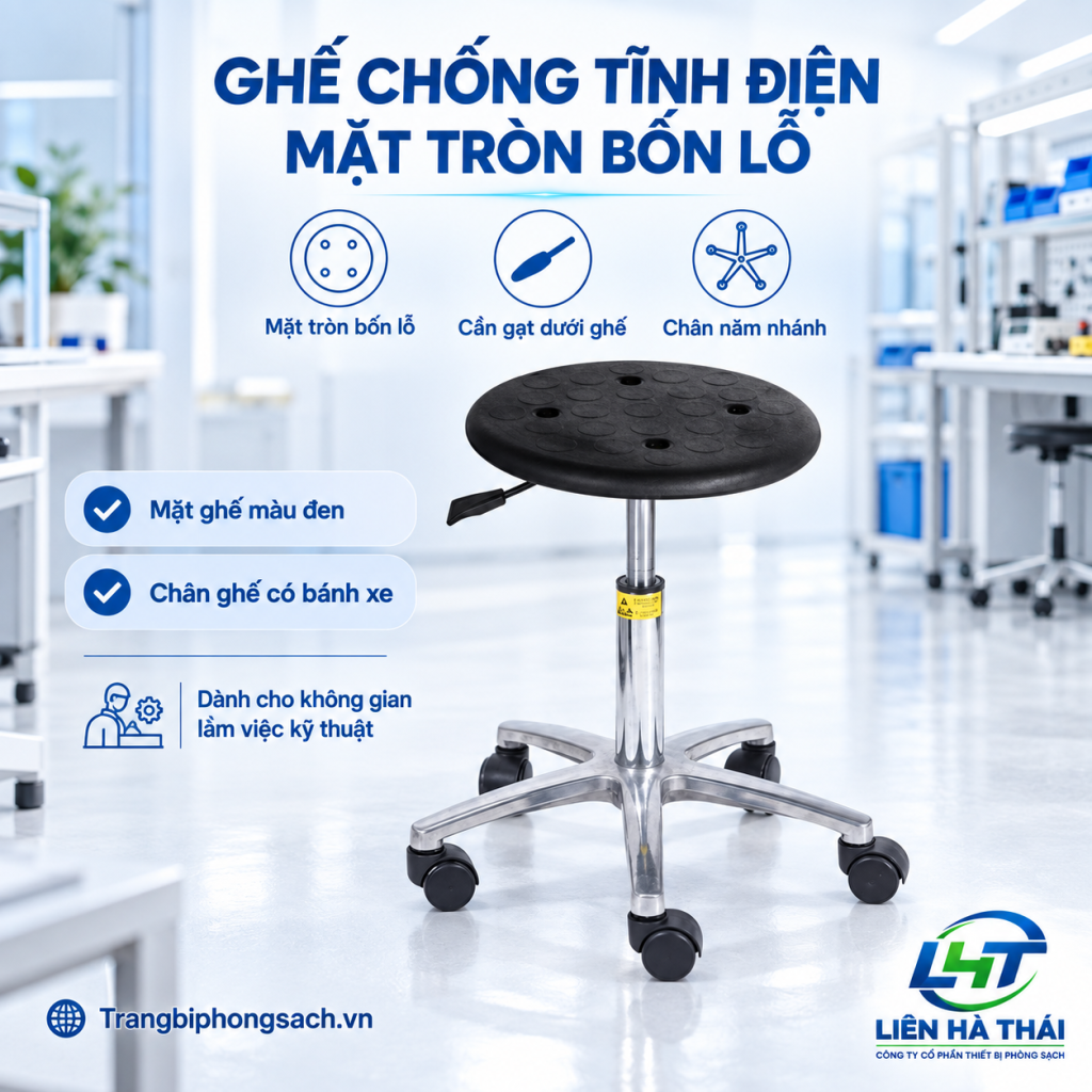 Ghế chống tĩnh điện mặt tròn bốn lỗ (Ghế xoay ESD / Ghế phòng sạch mặt tròn 4 lỗ)