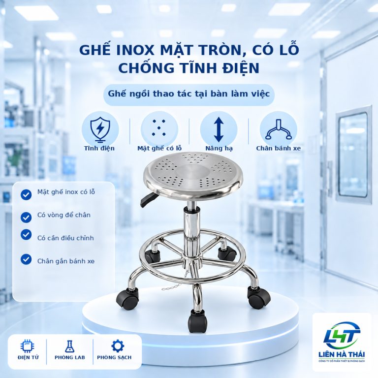 Ghế inox mặt tròn, có lỗ, chống tĩnh điện (Ghế đôn inox phòng sạch đột lỗ)
