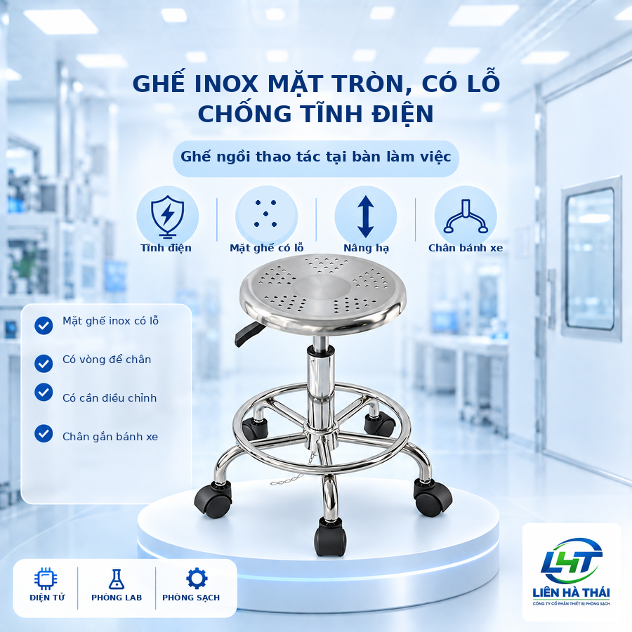 Ghế inox mặt tròn, có lỗ, chống tĩnh điện (Ghế đôn inox phòng sạch đột lỗ)