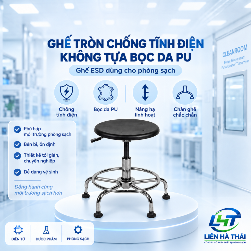 Ghế chống tĩnh điện không tựa mặt tròn bọc da PU (Ghế đôn phòng sạch ESD)