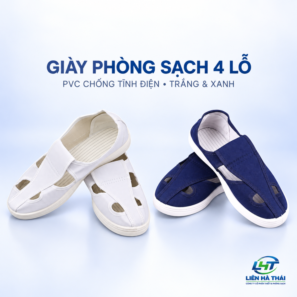 Giày phòng sạch 4 lỗ PVC chống tĩnh điện màu trắng và xanh