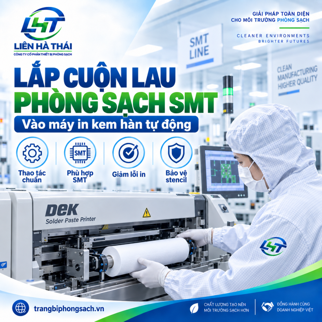 Kỹ thuật viên lắp cuộn lau phòng sạch SMT vào máy in kem hàn tự động
