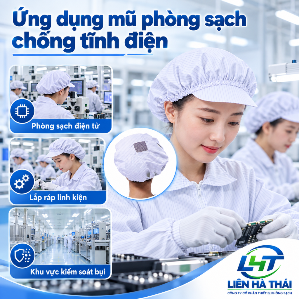 Công nhân nhà máy đội mũ phòng sạch chống tĩnh điện lắp ráp linh kiện