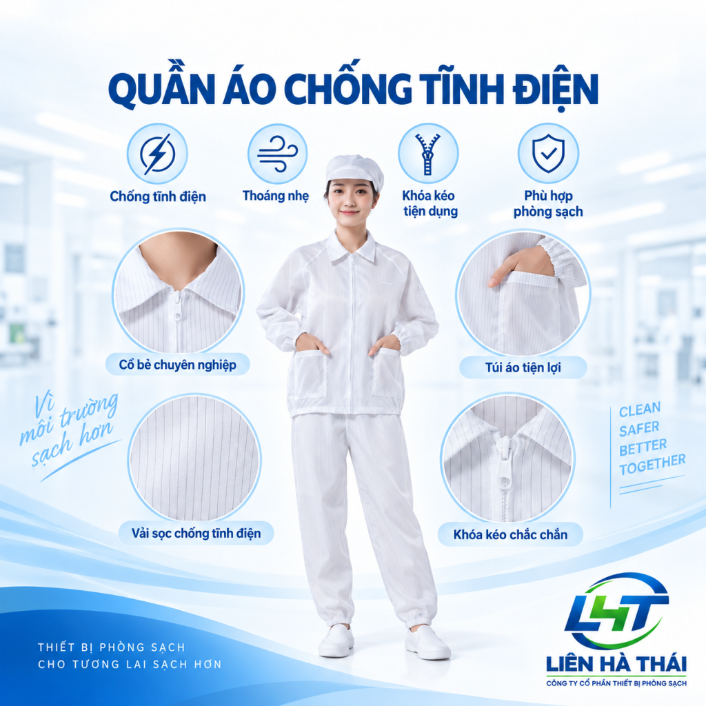 Quần Áo Chống Tĩnh Điện Màu Trắng Cổ Bẻ Khóa Kéo