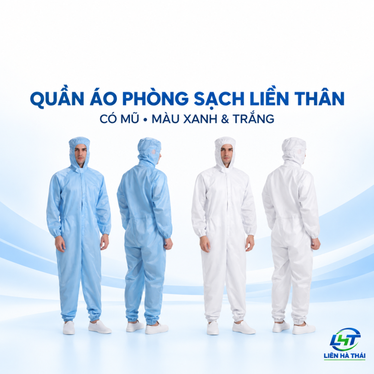 Quần Áo Phòng Sạch Liền Thân Có Mũ Màu Xanh