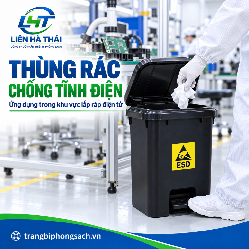Sử dụng Thùng rác chống tĩnh điện ESD màu đen dán nhãn cảnh báo ESD trong nhà máy