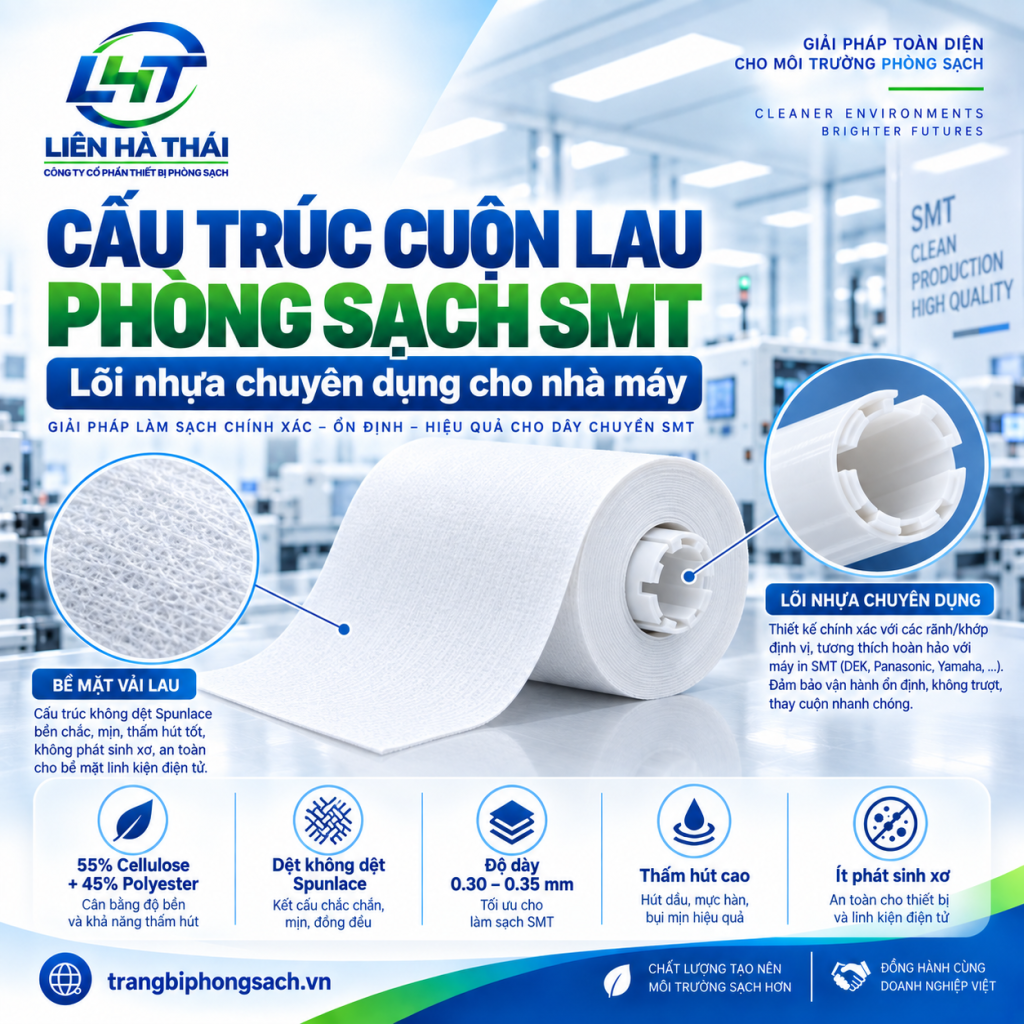 Cấu trúc cuộn lau phòng sạch SMT và lõi nhựa chuyên dụng cho nhà máy