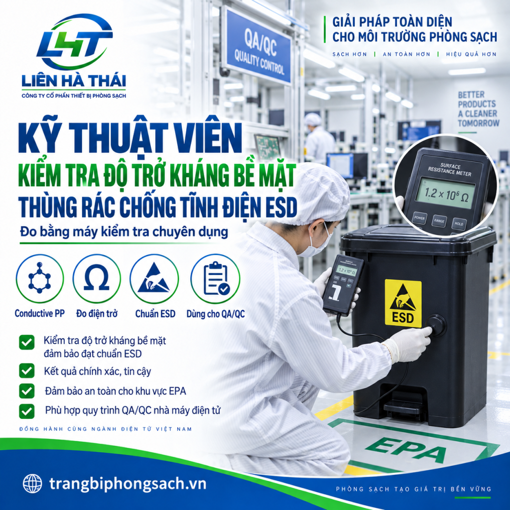 Kỹ thuật viên kiểm tra độ trở kháng bề mặt thùng rác chống tĩnh điện ESD