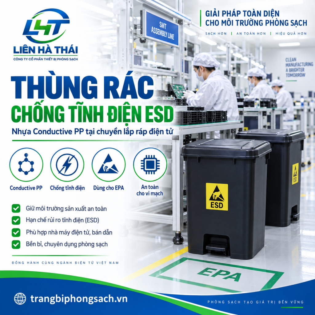 Thùng Rác Chống Tĩnh Điện ESD: Tiêu Chuẩn Phân Loại & Quy Trình Khử Nhiễm Phòng Sạch