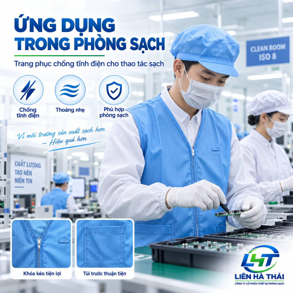 Nhân viên mặc áo gile chống tĩnh điện làm việc trong phòng sạch