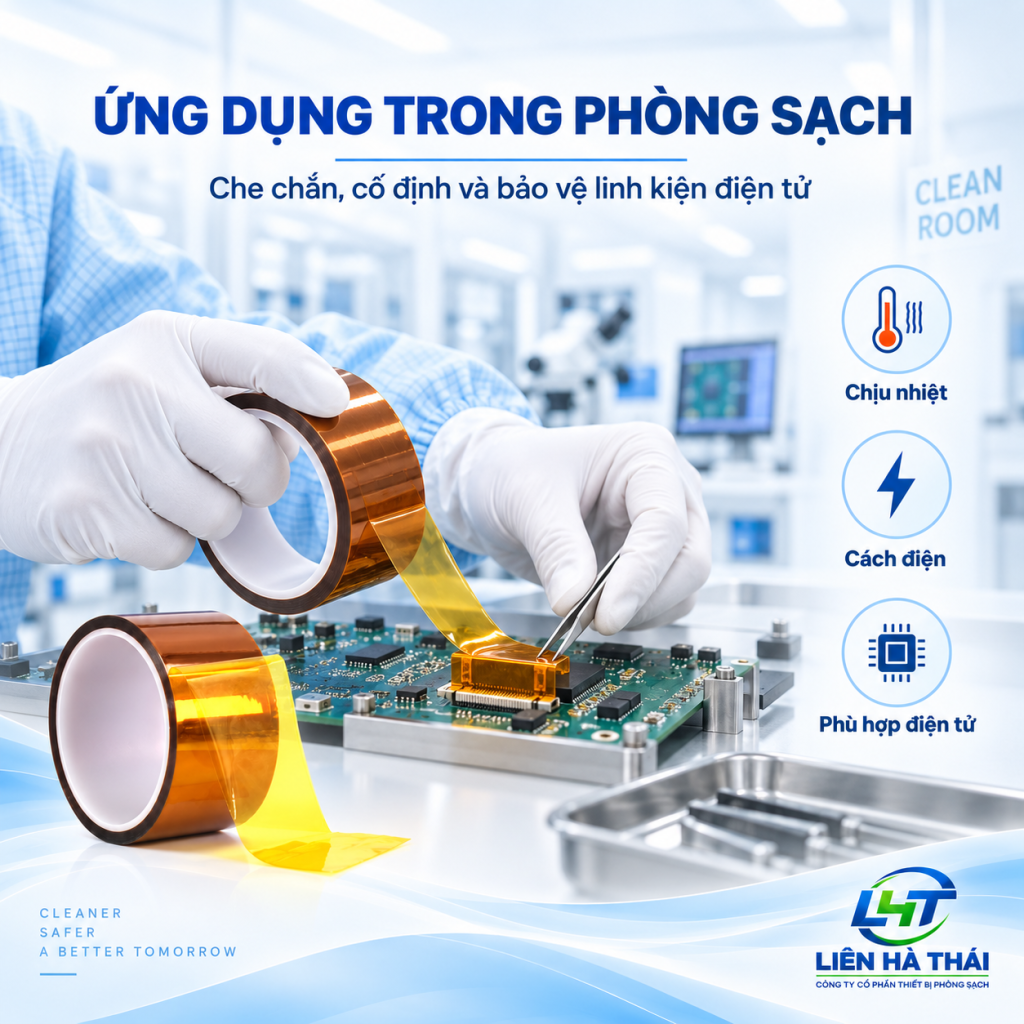 Kỹ thuật viên sử dụng băng dính chịu nhiệt Kapton trên bo mạch điện tử trong phòng sạch