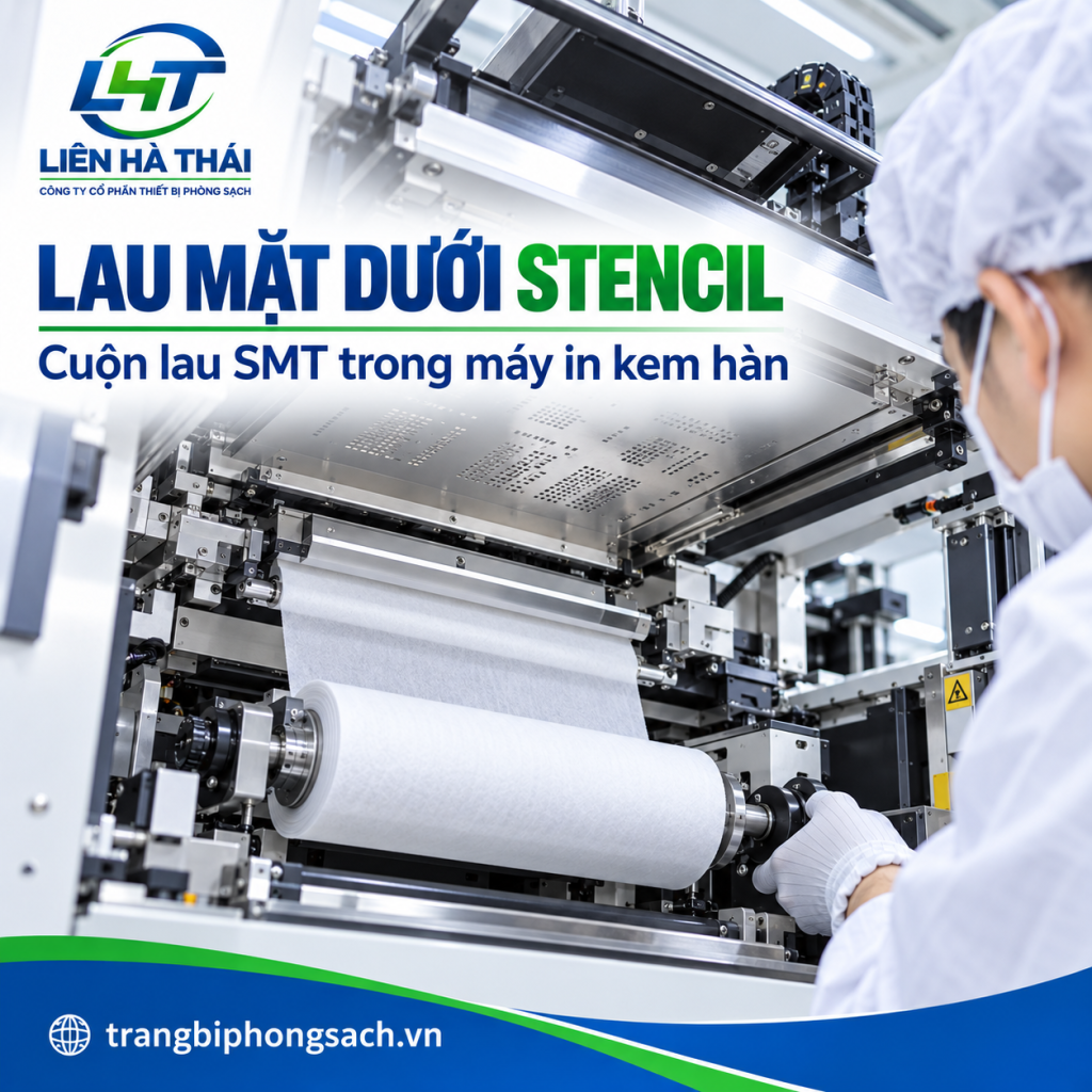 Kỹ sư đeo găng tay Nitrile thực hiện thay cuộn lau phòng sạch SMT