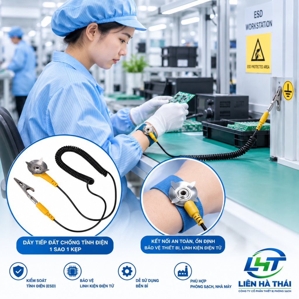 Công nhân sử dụng dây tiếp đất chống tĩnh điện 1 sao 1 kẹp tại bàn thao tác linh kiện điện tử trong phòng sạch