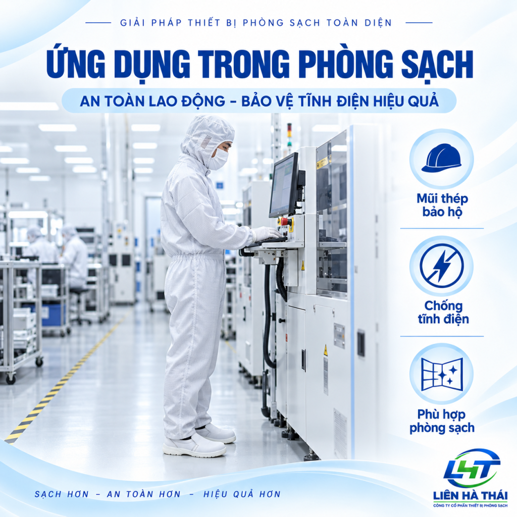 Công nhân sử dụng giày phòng sạch mũi thép ESD trong môi trường phòng sạch