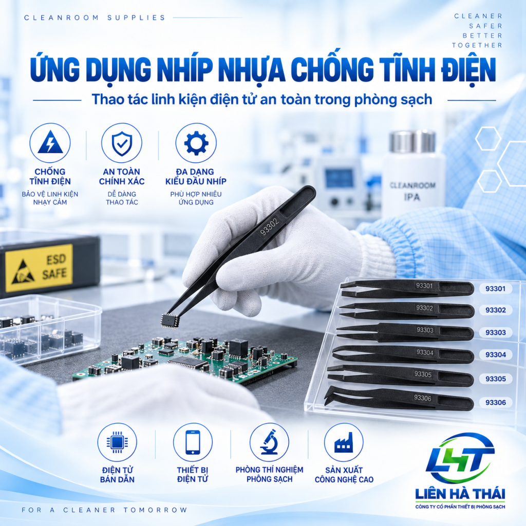Kỹ thuật viên sử dụng nhíp nhựa chống tĩnh điện các mã 93301 93302 93303 93304 93305 93306 trong phòng sạch