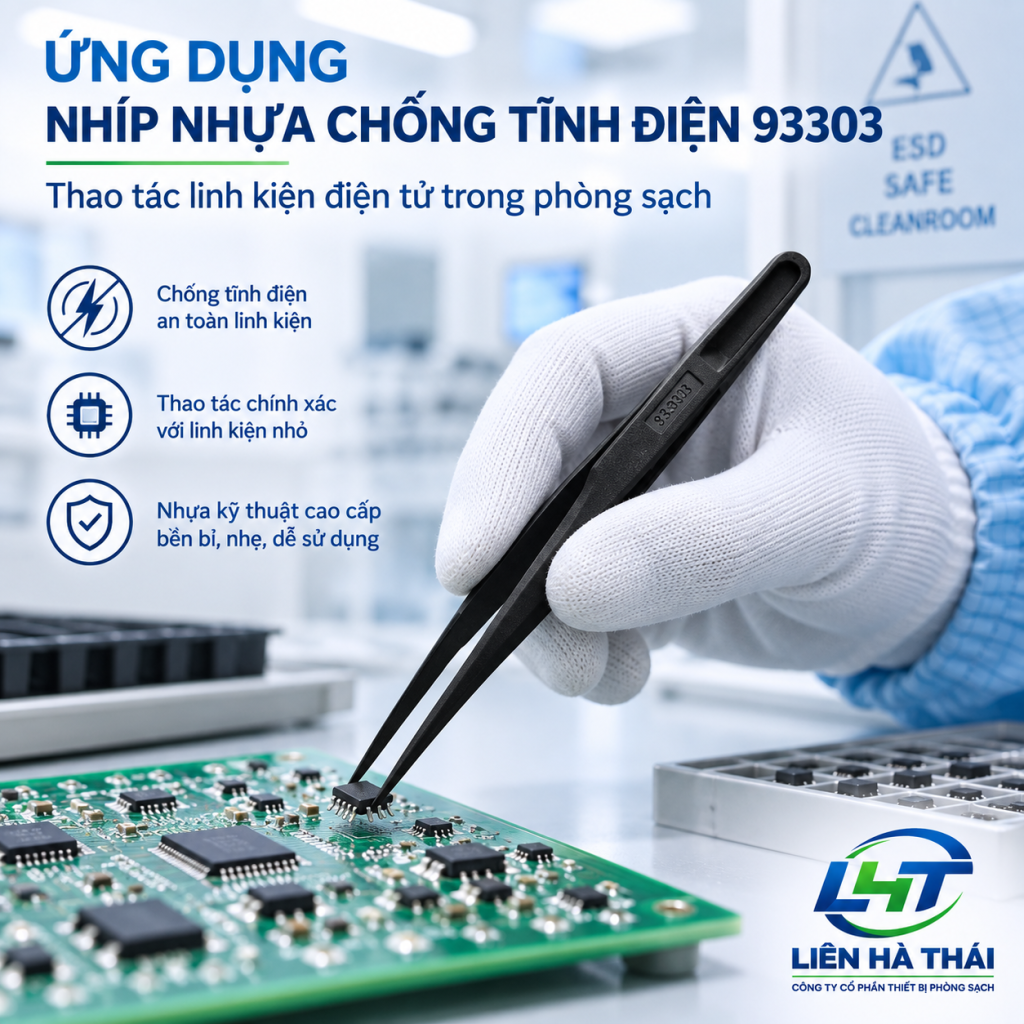 Kỹ thuật viên sử dụng nhíp nhựa chống tĩnh điện 93303 để thao tác linh kiện điện tử trong phòng sạch