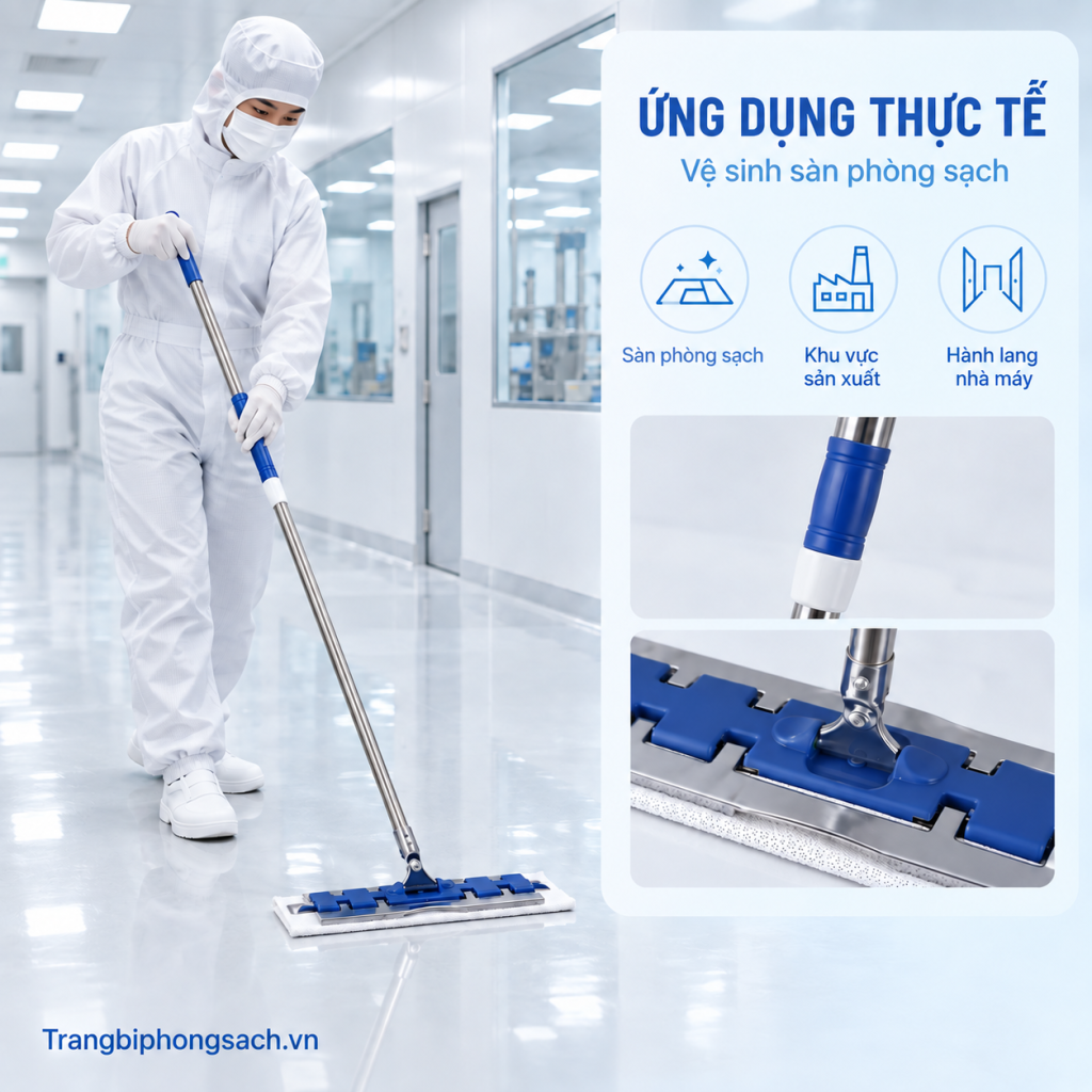 Nhân viên vệ sinh thao tác cây lau nhà phòng sạch trên bề mặt sàn phủ sơn Epoxy