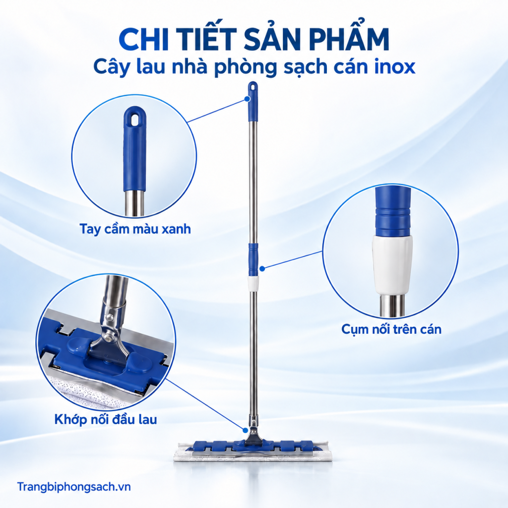 Chi tiết cây lau nhà phòng sạch Cleanroom Mop cán inox