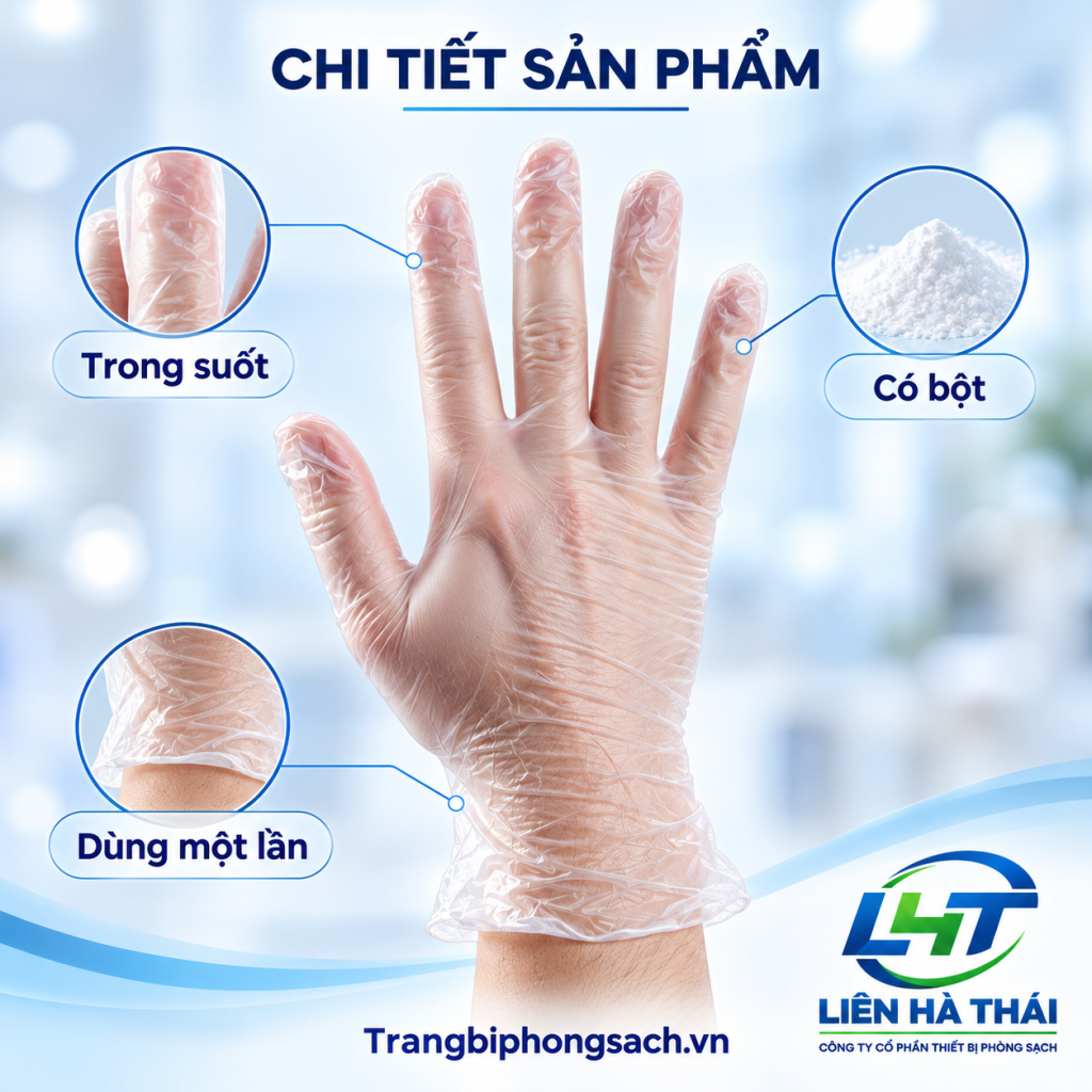 Chi tiết găng tay vinyl có bột trong suốt