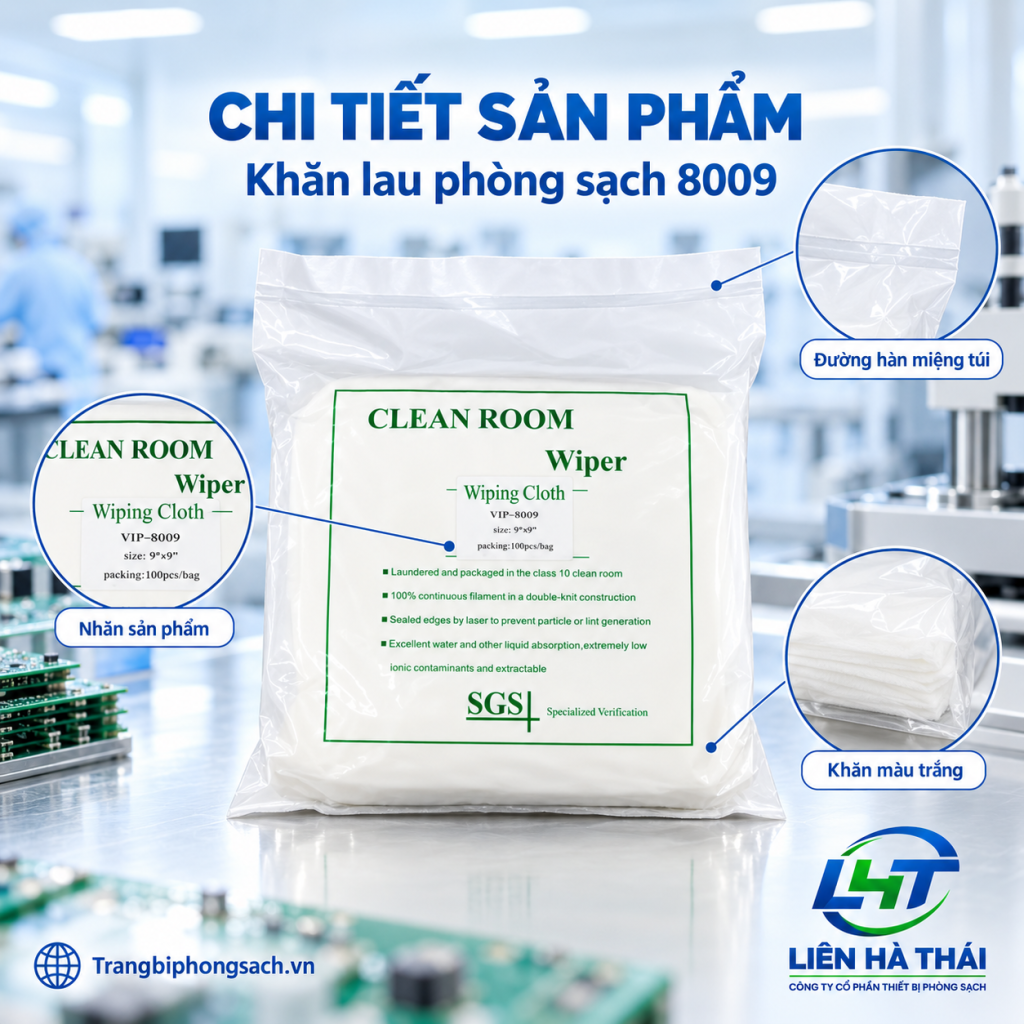 Chi tiết cấu trúc sợi dệt không rụng xơ khăn lau phòng sạch 8009