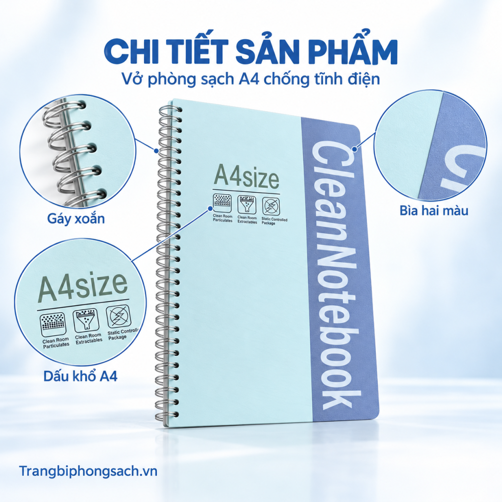 Chi tiết vở phòng sạch A4 gáy xoắn chống tĩnh điện