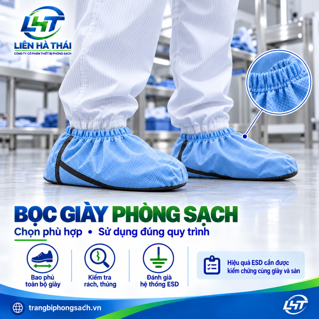 Công nhân mang bọc giày phòng sạch dải carbon thao tác trong khu vực EPA