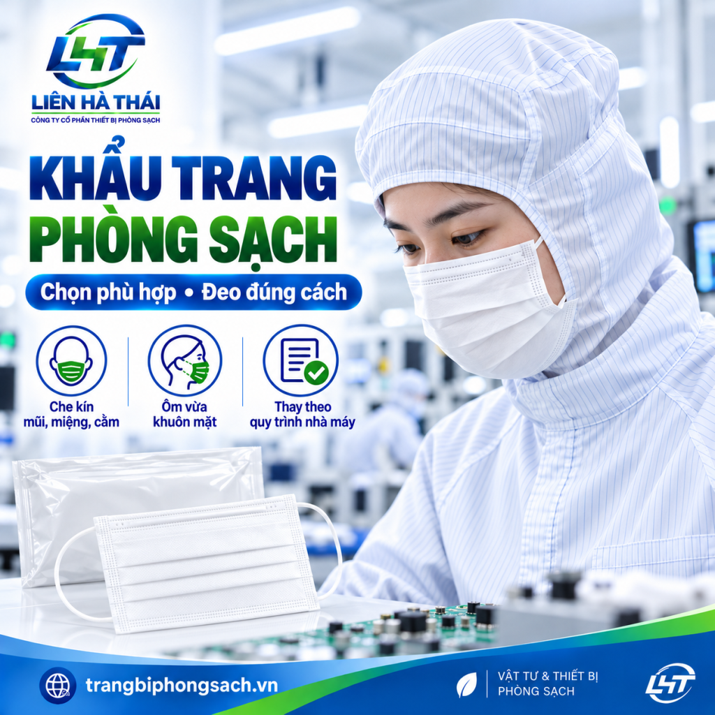 Công nhân nhà máy điện tử mang khẩu trang phòng sạch thao tác kiểm tra vi mạch