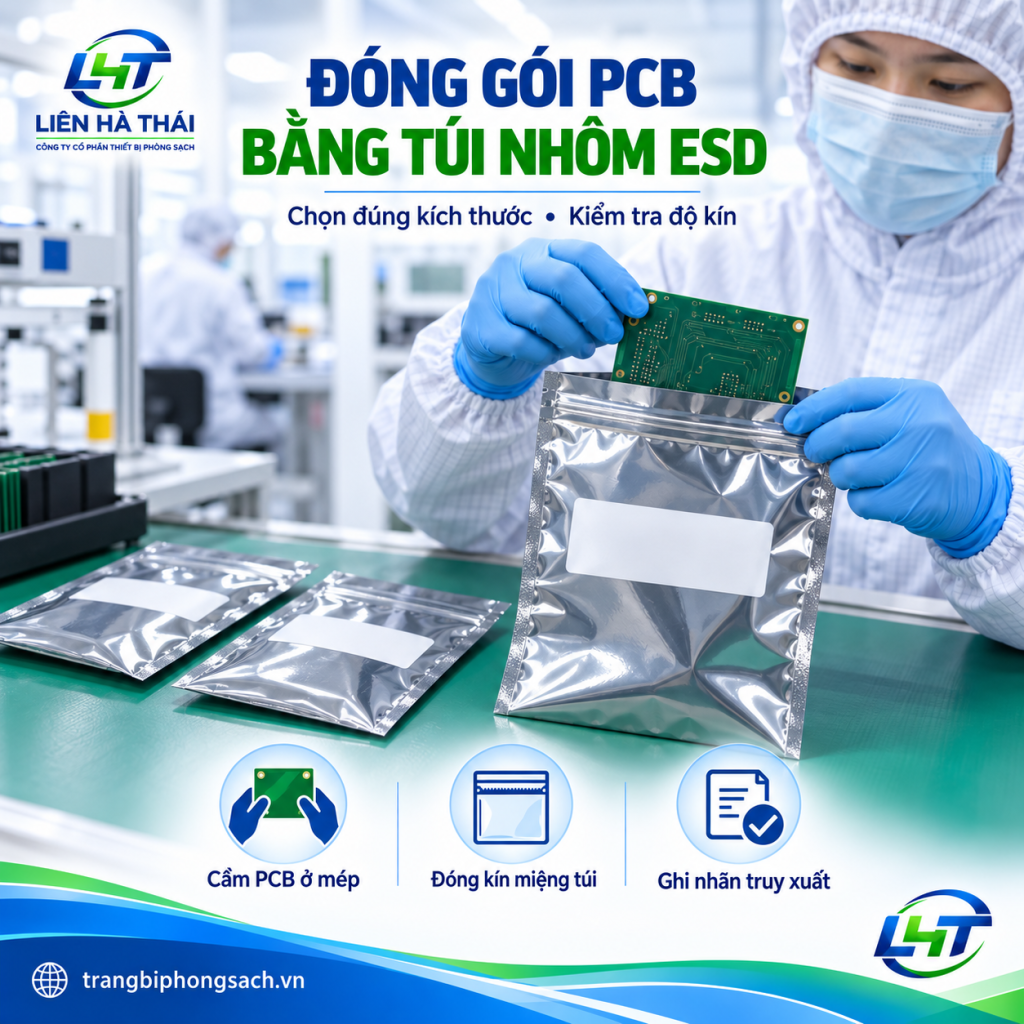 Công nhân dùng máy hút chân không đóng gói bo mạch vào túi nhôm ESD