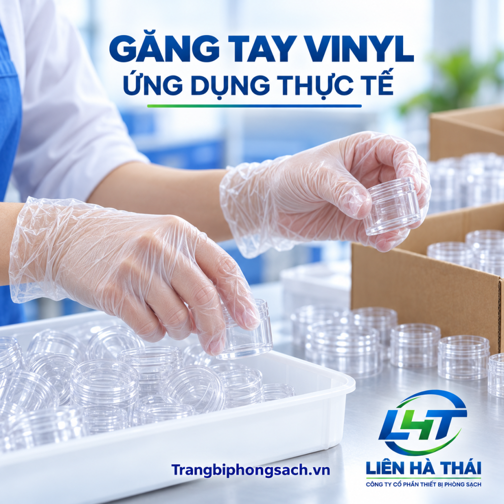 Công nhân nhà máy đeo găng tay vinyl có bột thao tác đóng gói thành phẩm