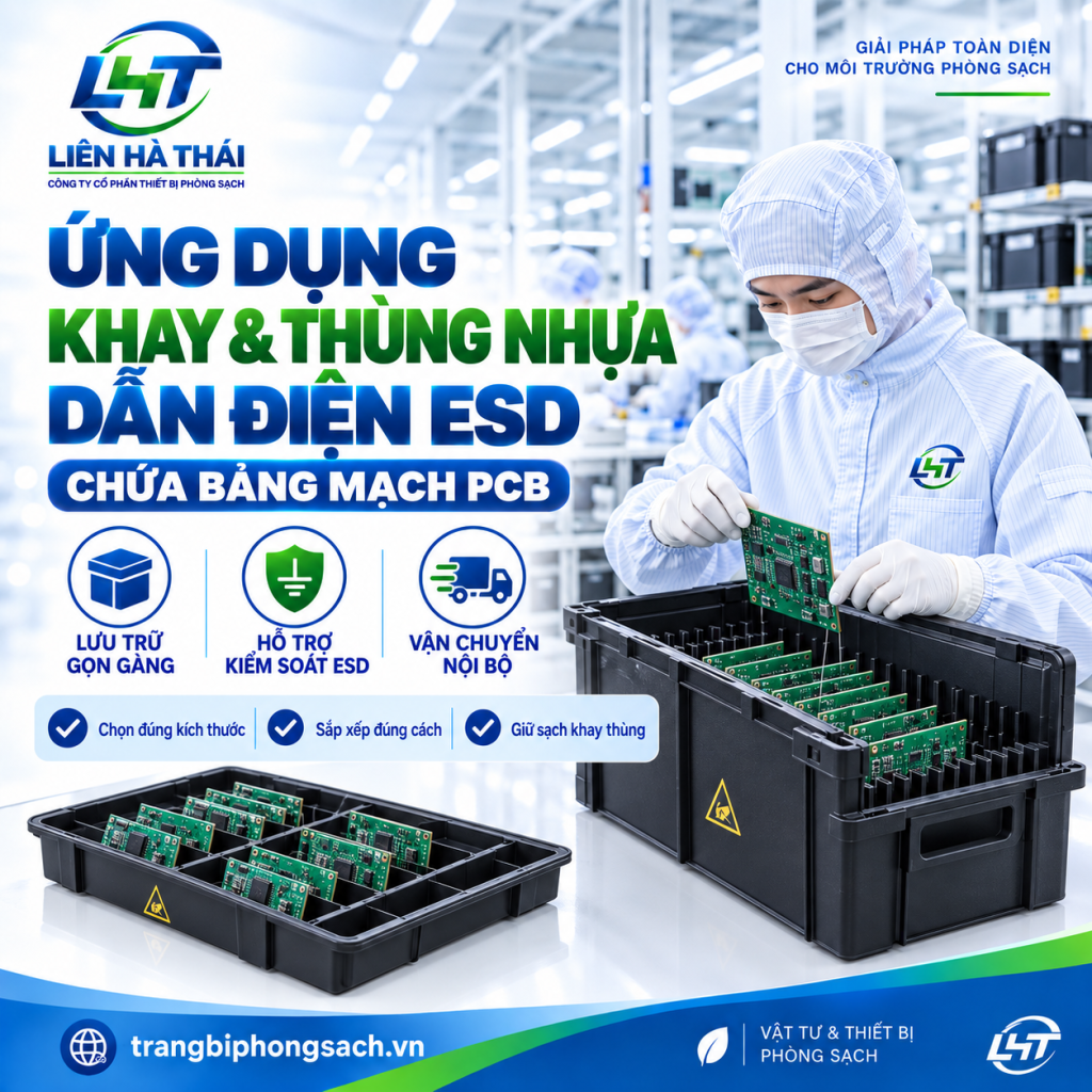 Công nhân gắp bảng mạch PCB từ khay nhựa dẫn điện ESD