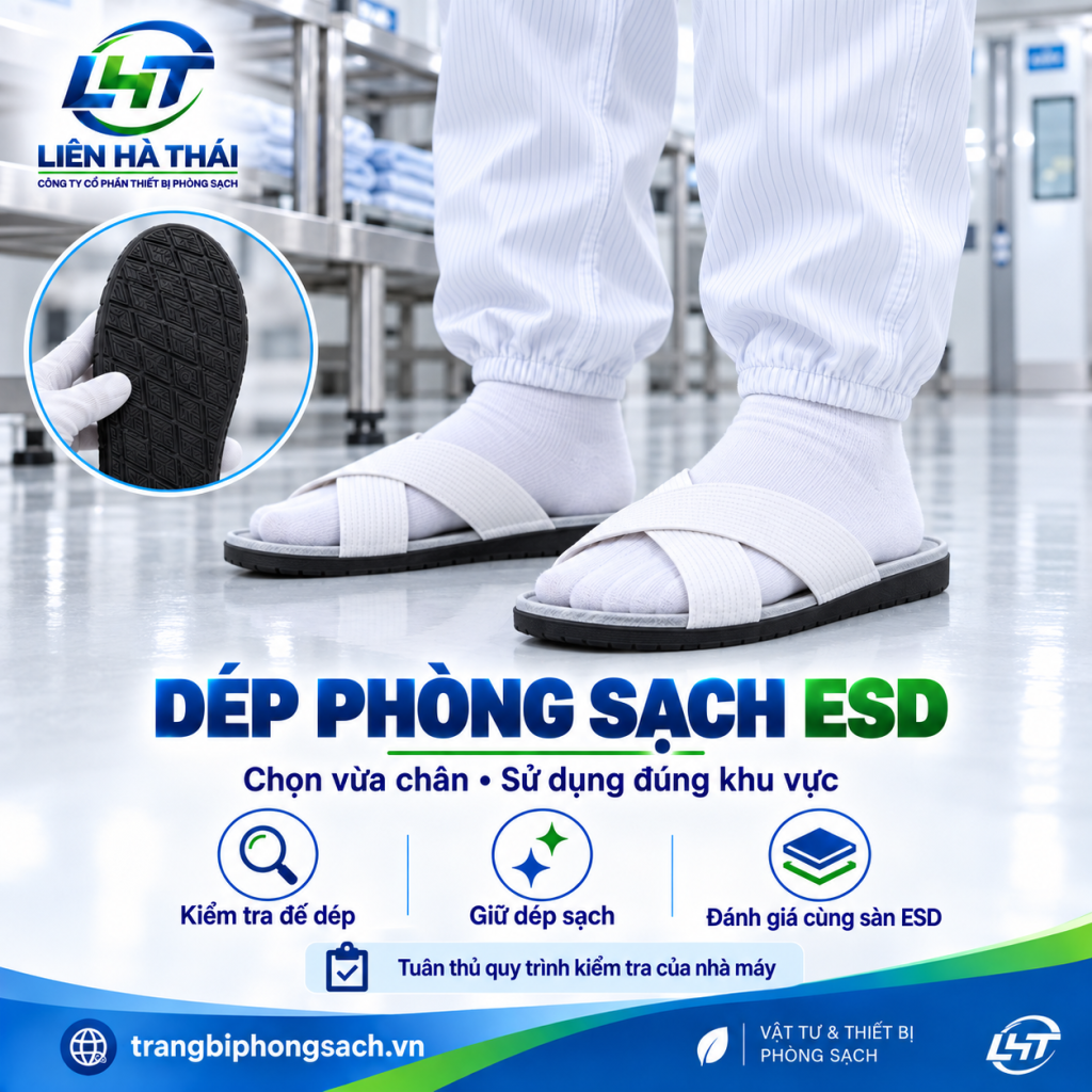 Công nhân đứng trên bàn đạp máy test tĩnh điện kiểm tra độ dẫn điện của dép ESD