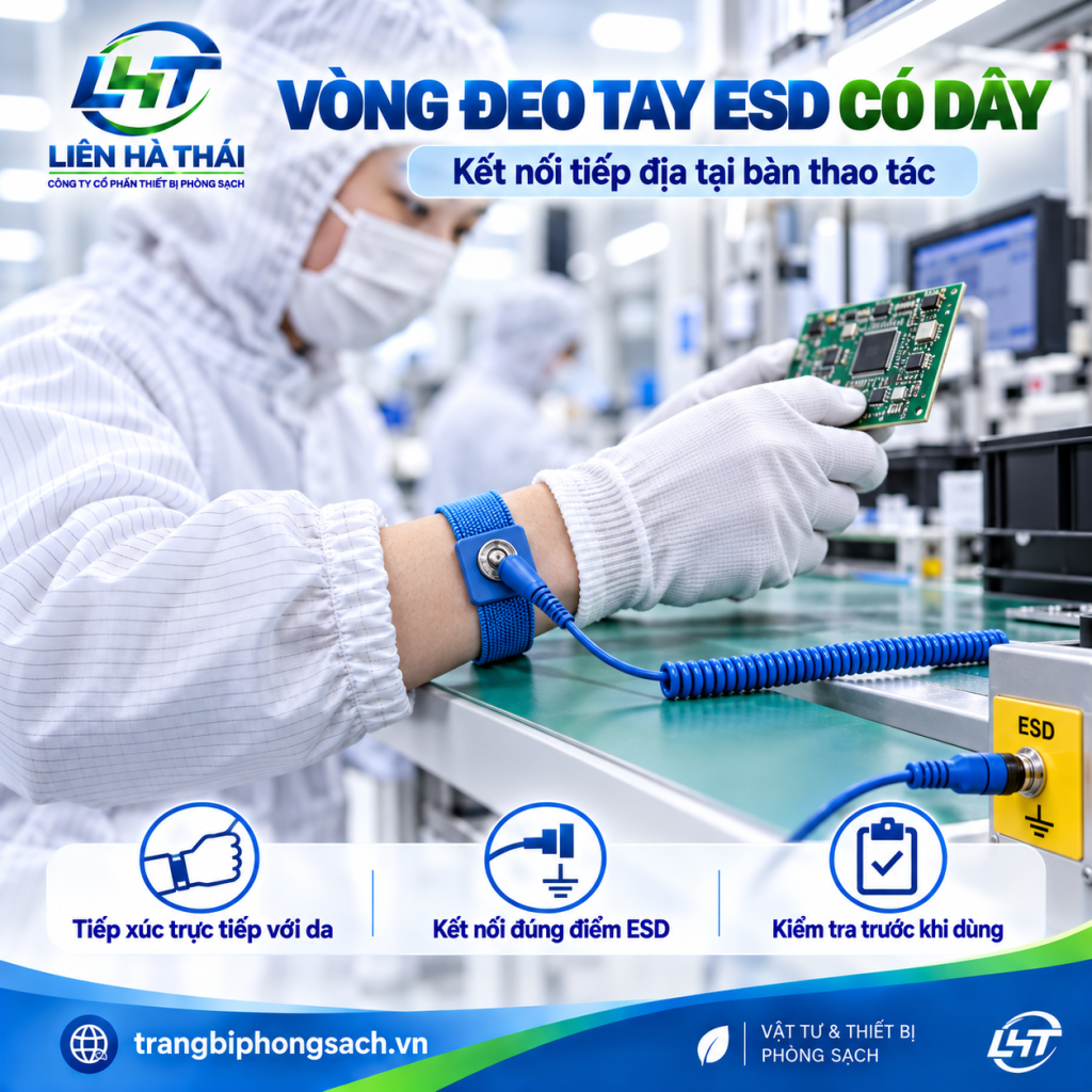 Công nhân kiểm tra độ thông mạch của vòng đeo tay chống tĩnh điện ESD