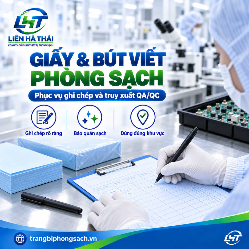 Kỹ sư phòng sạch ghi chép biên bản audit trên giấy in phòng sạch bằng bút ESD