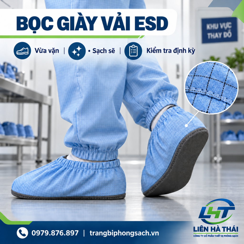 Kỹ sư và đoàn chuyên gia mang bọc giày vải chống tĩnh điện ESD bước qua khu vực kiểm soát EPA